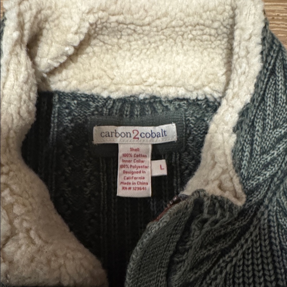 Carbon2Cobalt Olive Cable Knit Sherpa Collar Zip Cardigan Jacket Size L - Picture 4 of 7